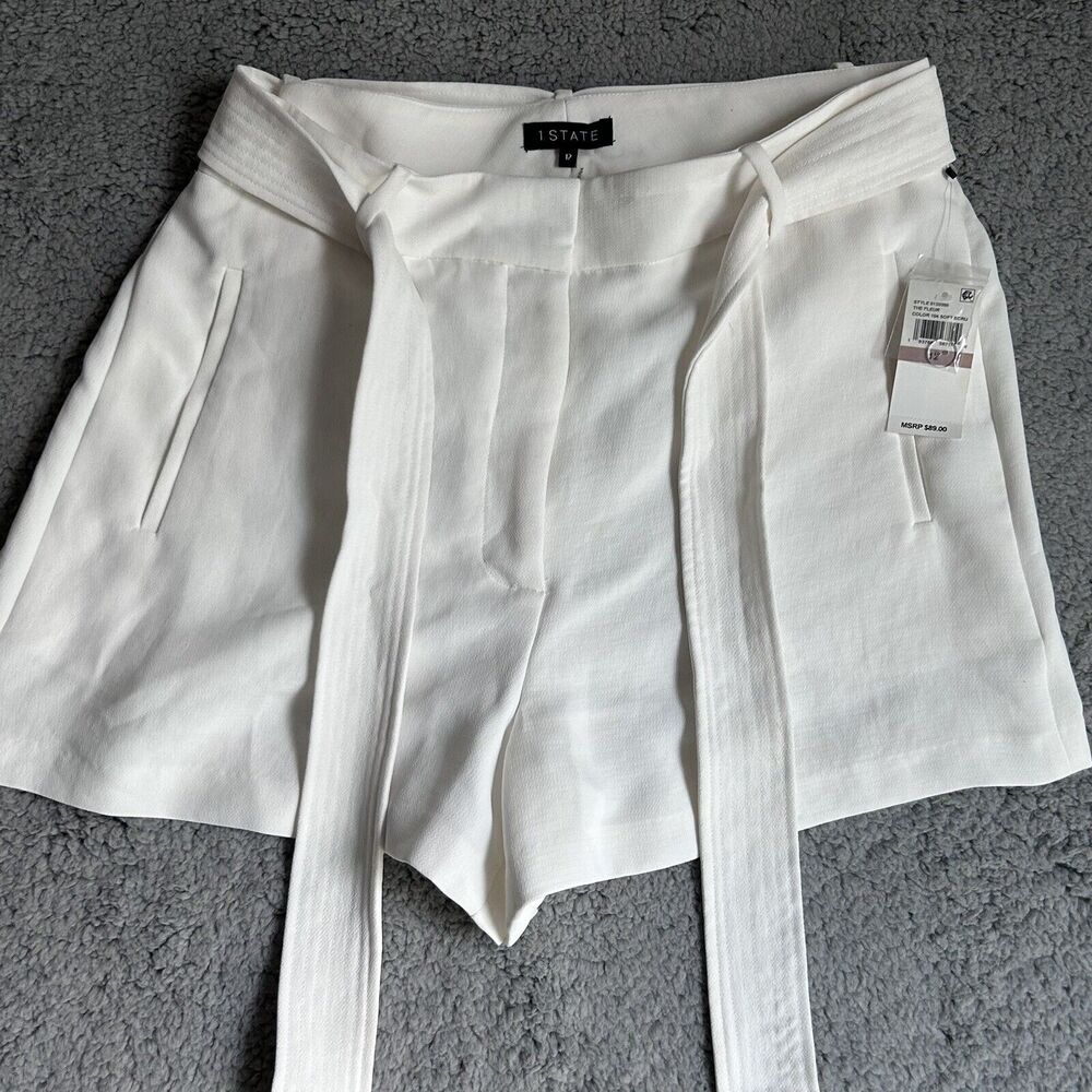 1. STATE The Fleur Ivory Textured Crepe Tie Waist Short Size 12 - Picture 1 of 14